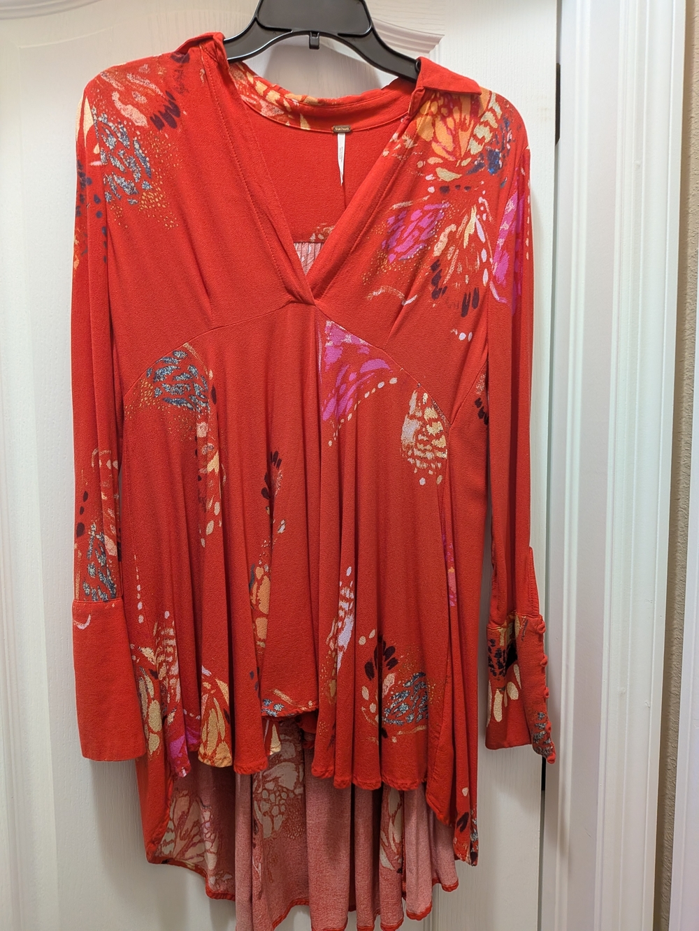 Free People Red Floral V-Neck Flowing Tunic